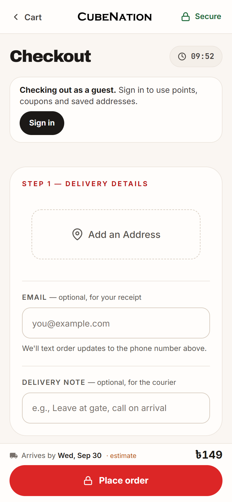 Guest checkout on mobile showing delivery details, an added item and the Place order button with no login required